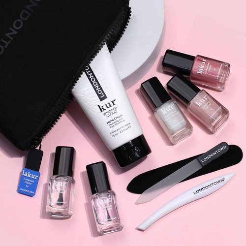 LONDONTOWN Discovery Set, Vegan Chip-Resistant Long-Lasting Nail Lacquer, Whipped Cloud Hand Cream, 2.5 fl oz, Conditioning lacquer remover pads.