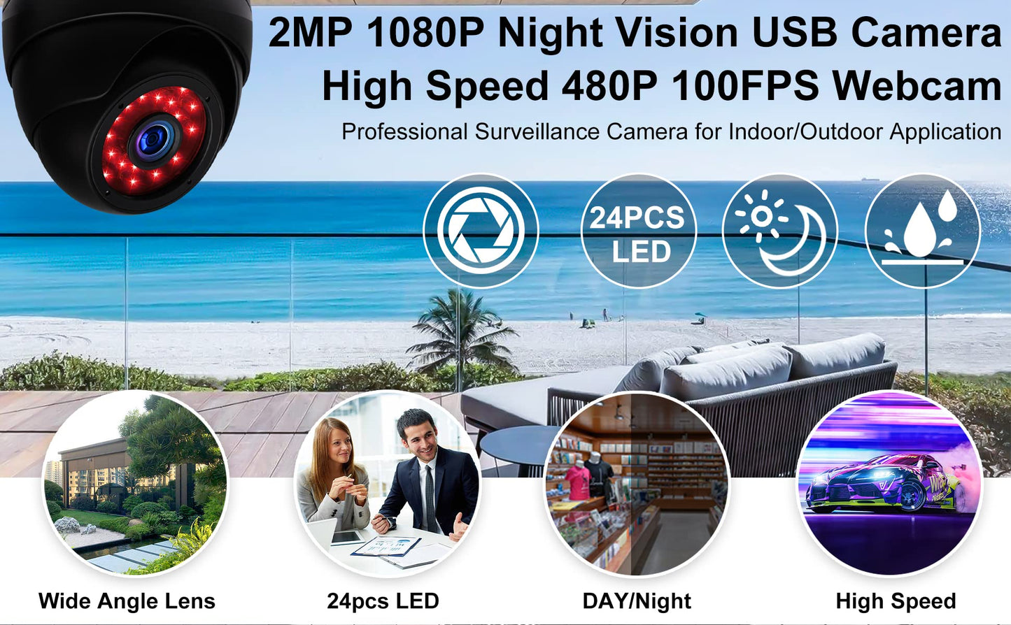 1080p Day Night Vision USB Camera IR Infrared Webcam with Dome Housing Home Surveillance CCTV PC Camera for Computer Mini UVC USB2.0 Waterproof USB with Camera Indoor Outdoor High Speed Camera