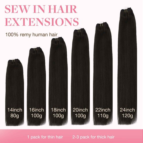 GOO GOO Sew in Hair Extensions Real Human Hair, Weft Hair Extensions Human Hair, 2 Dark Brown 18inch 100g, Weft Bundles Straight Silky Remy Hair