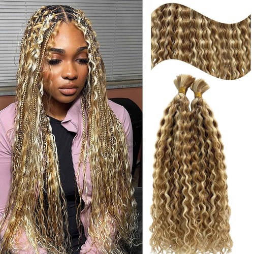 P27/613 Blonde Human Braiding Hair Deep Water Wave Bulk 26 Inch Long Curly Bundles Human Hair Color 27 and 613 Blonde Boho Human Hair for Braiding Highlights Blonde Boho Braids Bundles No Weft