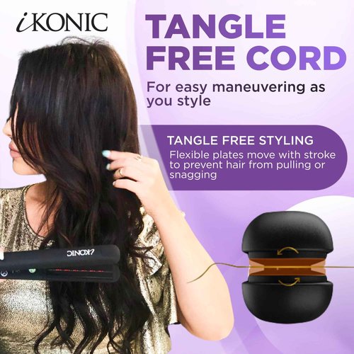 IKonic 100% Tourmaline Ceramic Hair Straightener & Curler– Anti-Static Infrared Ionic 2-in-1 Dual Voltage Flat Iron –1” Floating Plates, Adjustable Temp 140–450°F, Frizz-Free & Fast Heat Hair Iron