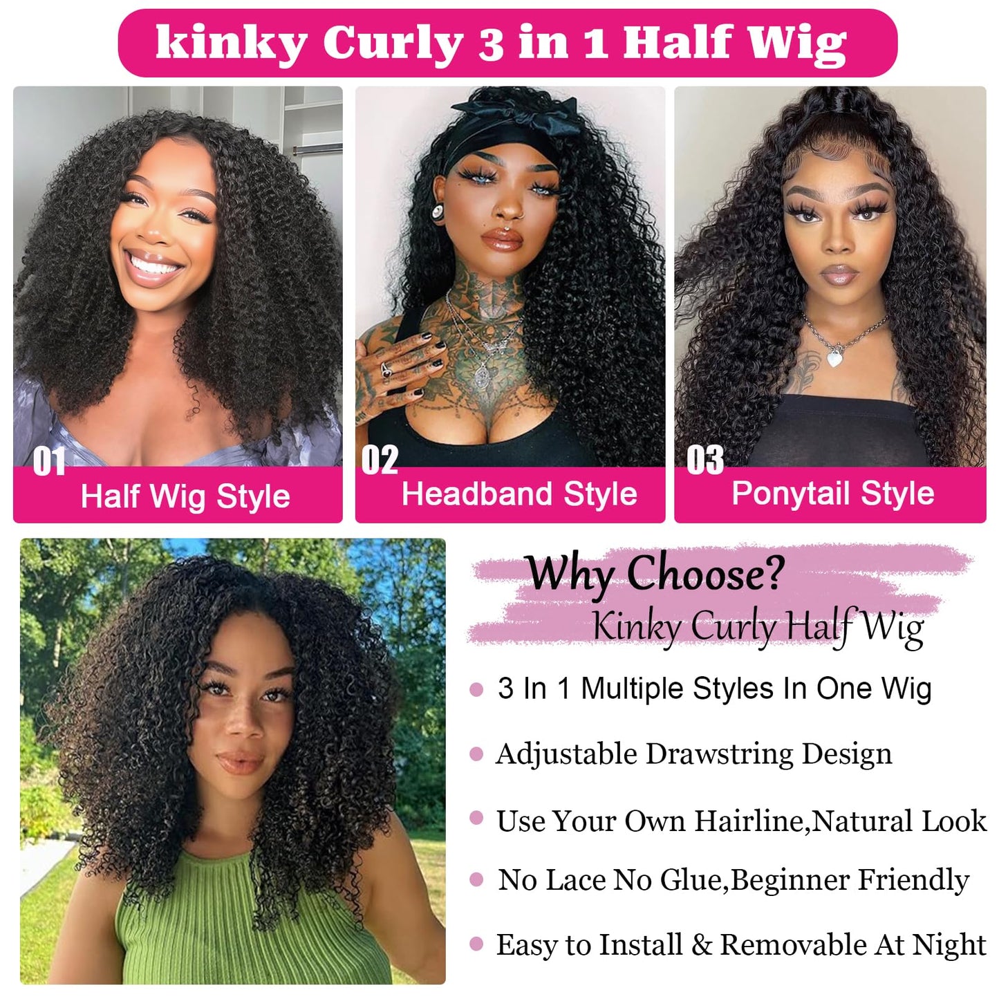 Kinky Curly Half Wig Human Hair 220% Density 3 In 1 True To length Flip Over Curly Edges Drawstring Half Wigs For Black Women Glueless Wear Go Afro Curly Headband Wigs For Beginner Friendly 16 Inch