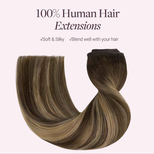 GOO GOO Wire Hair Extensions Human Hair, 4/27/4 Chocolate Brown with Caramel Blonde Balayage 16inch 95g, Invisible Wire Hair Extensions with Transparent, Seamless Fish Line Hairpiece