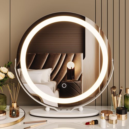 GAOMON Vanity Mirror with Led Lights, 19 Inches Touch Control 3 Color 2024 New Dimmable Makeup Mirror, 360°Rotation Round Desk Mirror, Easy to Assemble (White)