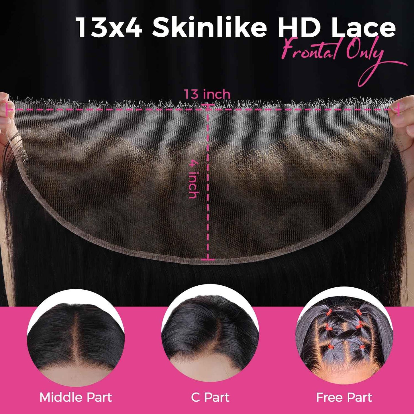 Lashey 13x4 SKINLIKE HD Lace Frontal, 0.10mm Ultra-Thin Invisible Real HD Frontal Pre Bleached Knots Pre Plucked Hairline Straight Human Hair 14 Inch Natural Black