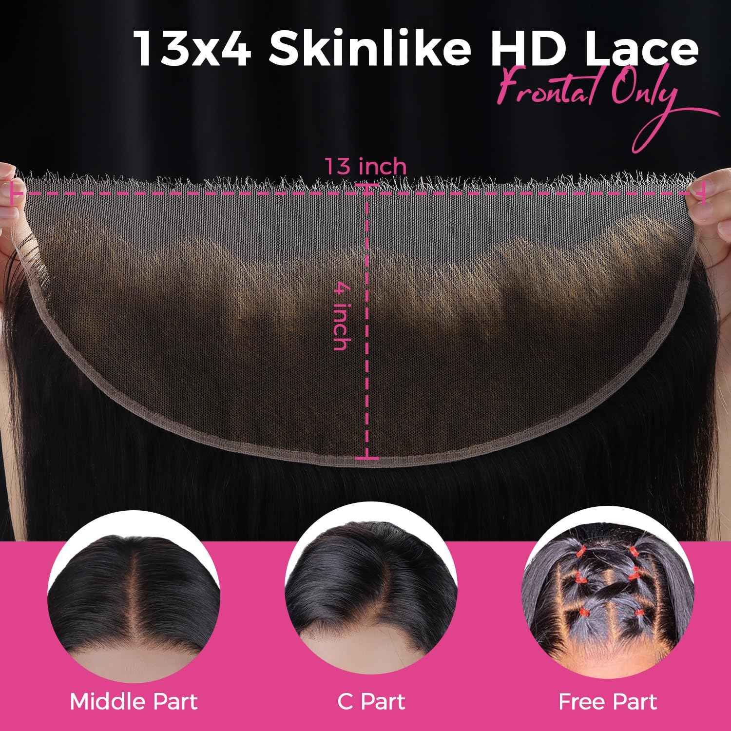 Lashey 13x4 SKINLIKE HD Lace Frontal, 0.10mm Ultra-Thin Invisible Real HD Frontal Pre Bleached Knots Pre Plucked Hairline Straight Human Hair 14 Inch Natural Black