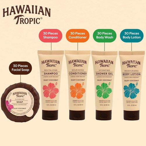 Hawaiian Tropic Silky Coconut 150 Piece Airbnb Essentials for Hosts,Hotel Shampoo & Conditioner Supplies for Guests,Body Wash Lotion & Soap, Travel Size Toiletries,Bulk Mini Sets Kits Soaps Air Bnb