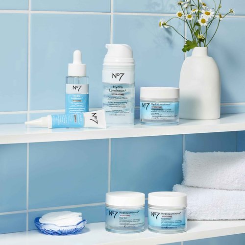 No7 HydraLuminous+ 2% Hyalyronic Acid Serum, Day Cream and Night Gel Moisturizer - Hyaluronic Acid and Vitamin B3 to Support Skin Barrier Repair - For Visibly Radiant & Healthier-Looking Skin- 3-Item