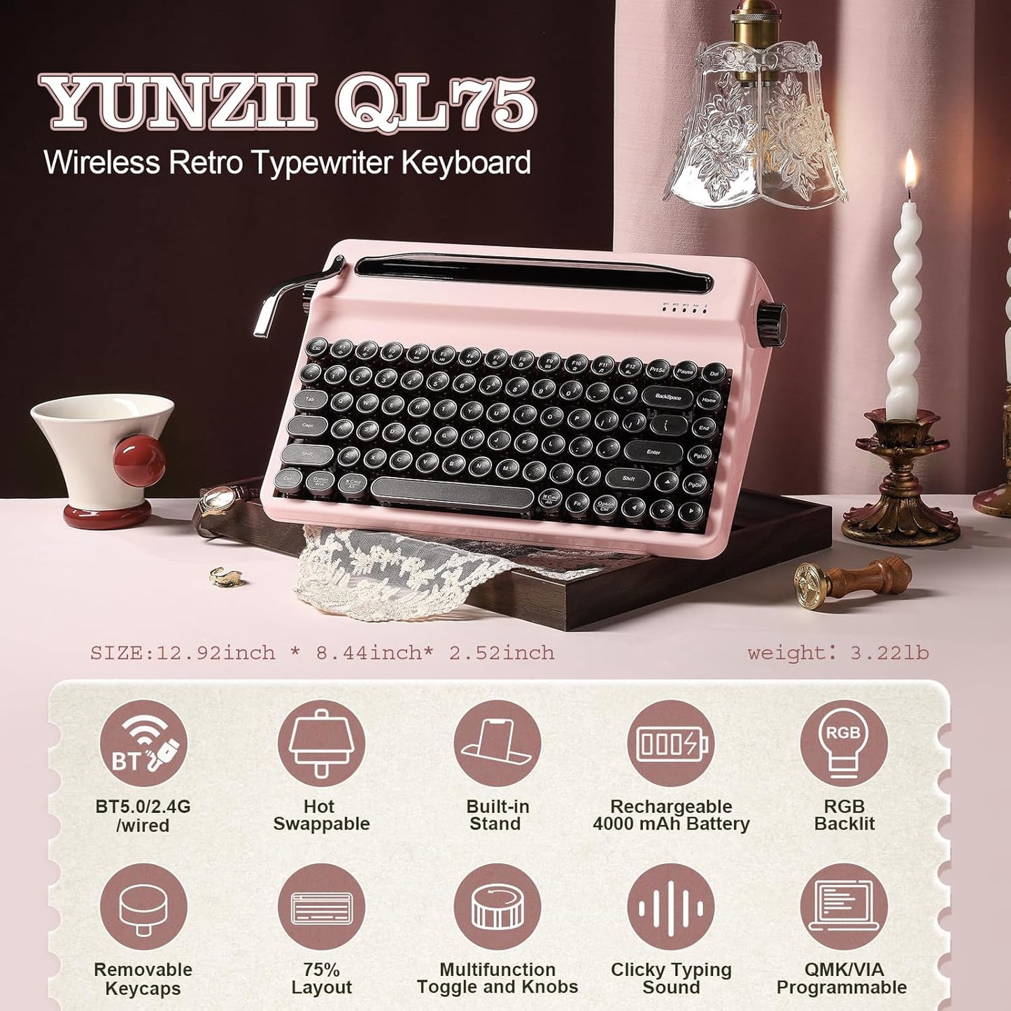 YUNZII QL75 Wireless Typewriter Retro Mechanical Keyboard(Pink, Cocoa Cream V2 Switch) Keyboard Wrist Rest(Cat)
