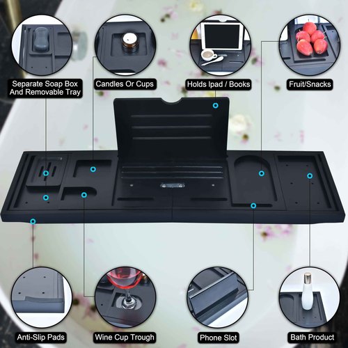 Bathtub Trays and Tub Pillow for Bathtub, Expandable Folding Bath Tray, with Black Soapbox, 2 Bath Towels, Shower Cap, Storage Bag, Bathroom Hooks, Uniform Black Accents for Your Bathtub