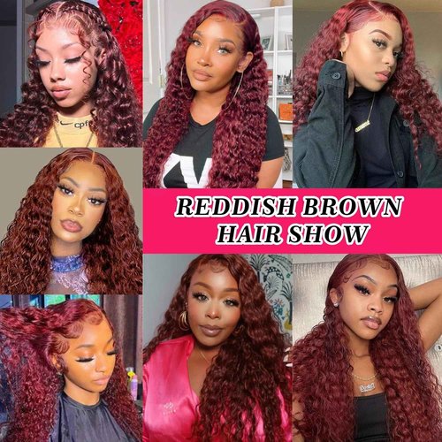 Aveiyce Reddish Brown Deep Wave Lace Front Wigs Human Hair 33b Colored 13x4 HD Lace Frontal Wig for Women 180% Density Auburn Glueless Curly Wig Pre Plucked 20 Inch