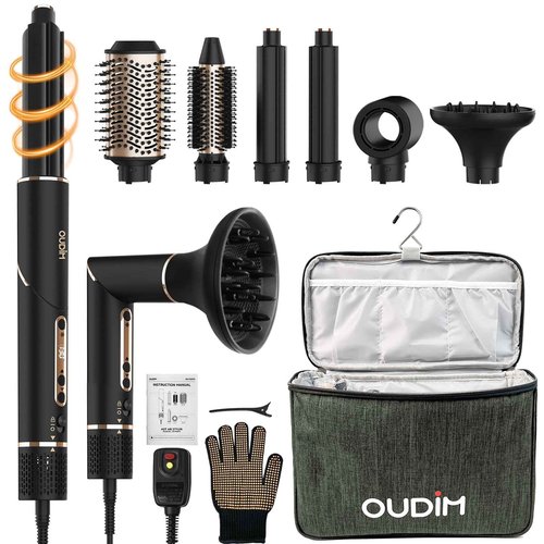 OUDIM 6-in-1 Multi-Functional Hot Air Comb, Interchangeable Brush Head, Negative Ion Hair Dryer Brush and Styler, Brushless Motor with 110000 RPM High-Speed, Rapid Drying, Storage Bag.