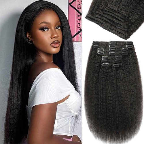 Yaki Straight Clip in Hair Extensions Real Human Hair 120g 8pcs Kinky Straight Human Hair Clip in Extensions for Black Women Natural Color 100% Brazilian Virgin Clip ins Hair