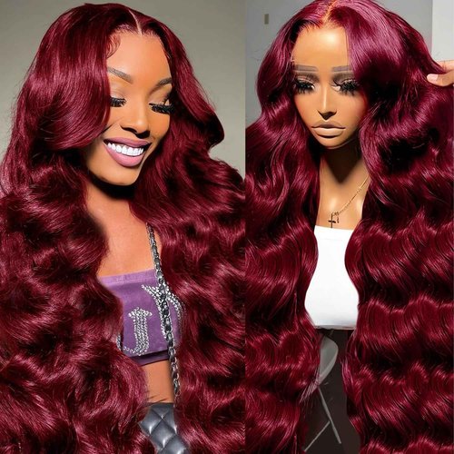Gemlong 18 Inch 99J Burgundy Lace Front Wigs Human Hair Body Wave 13x4 HD Transparent Pre Plucked Glueless Lace Frontal Wig Human Hair 200% Density Red Wine Colored Human Hair Wigs for Women