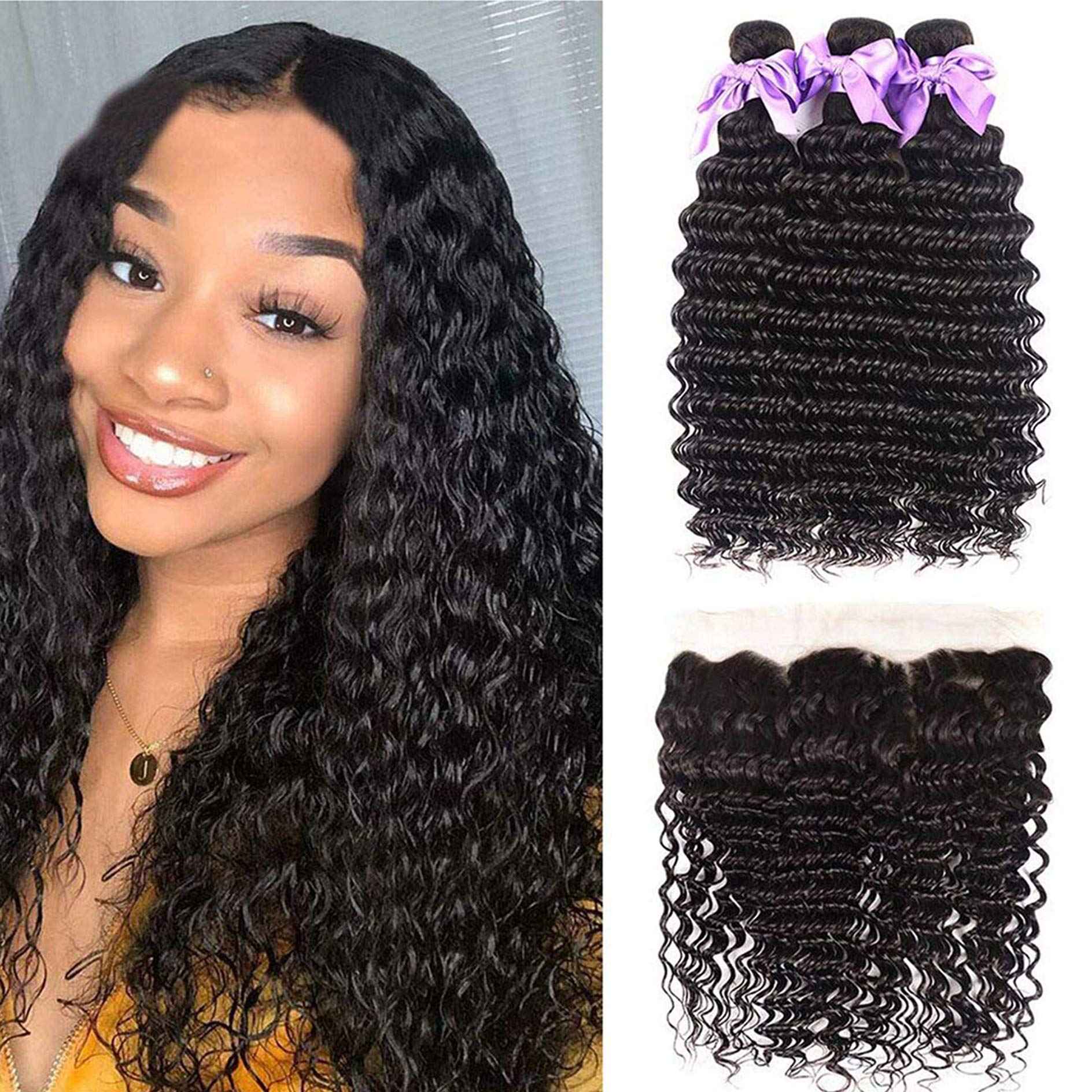 3 Bundles Deep Wave Virgin Human Hair with Lace Frontal Unprocessed Human Hair Extensions Natural Black Color (10 12 14+10)