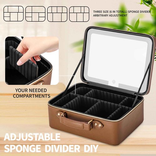Gdsshuhung Makeup Bag with LED Mirror & Magnifier, Large Cosmetic Organizer Travel Makeup Case with Adjustable Brightness & 6 Detachable Dividers, Portable Makeup Storage for Women Girls (Brown)