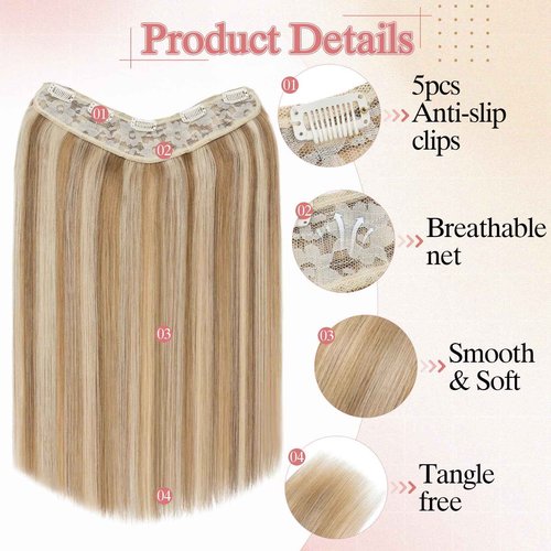SEGO Pro One Pieces Clip in Hair Extensions Human Hair Upgraded V-Shaped 5 Clips in Hair Extensions Human Hair Long Hairpiece For Women,12 Inch,#12P613 Golden Brown mixed Bleach Blonde,55g