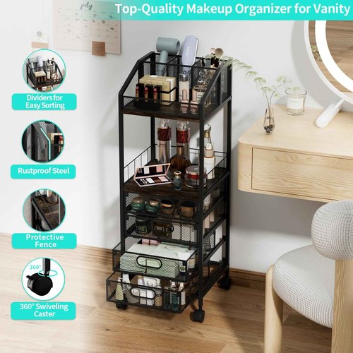 HapiRm Makeup Organizer Storage Cart - Floor Skincare Make Up Storage with 4 Drawers, Rolling Makeup Cart Vanity Organizer Cosmetics Display Cases Holder for Skin Care Perfume Nail Polish