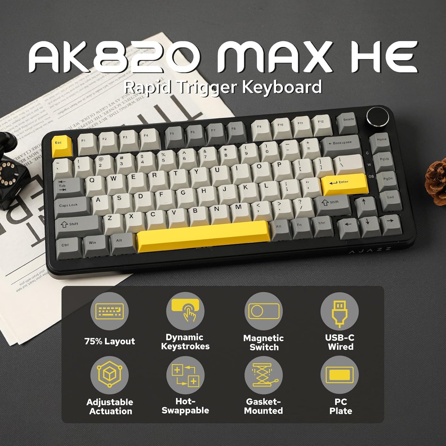 AJAZZ AK820 MAX HE Hall Effect Magnetic Gaming Keyboard, Adjustable Actuation, 8KHz Polling Rate, Wired Rapid Fast Keyboard, Creamy Gasket, RGB Backlight, NKRO for Win/Mac (Gradient Grey)