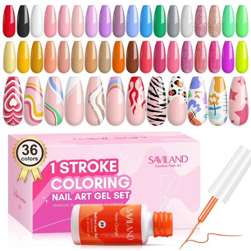 SAVILAND Nail Gel - 36 Colors Liner Set With Art Brushes, Soak Off Pen, Pink Polish for Salon DIY At Home, Beginner-Friendly Manicure Kit