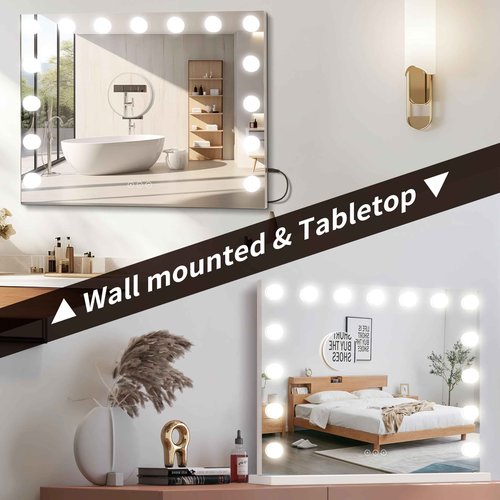 NUSVAN Vanity Mirror with Lights Lighted Makeup Mirror with 15 Dimmable LED Bulbs,3 Color Lighting Modes,USB Charging Port Touch Control,Sturdy Metal Frame Design 24x18 Inch,White