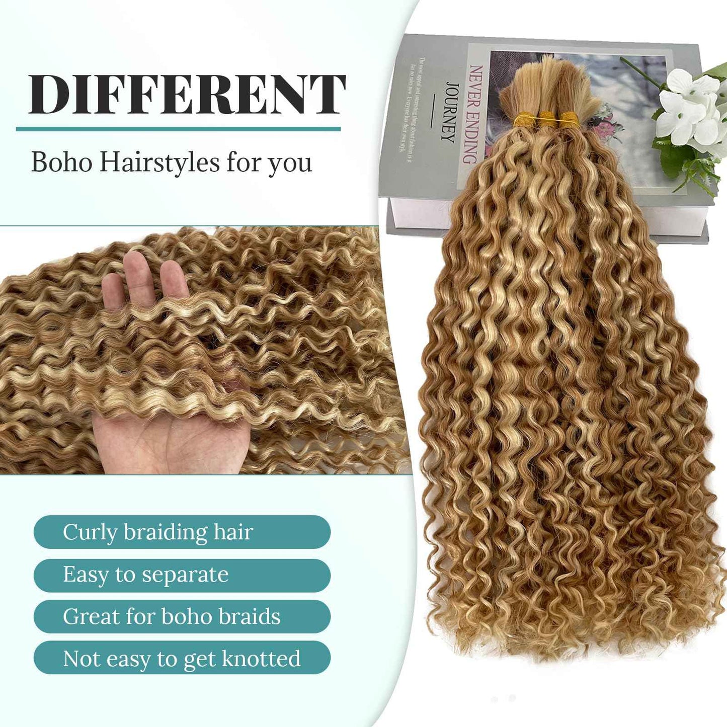 Highlighted Human Braiding Hair 24 Inch Water Wave Bulk Human Hair for Braiding No Weft 100% Unprocessed Ombre Blonde Curly Micro Human Hair Braiding Hair Extensions for Boho Braids Wet and Wave 100g