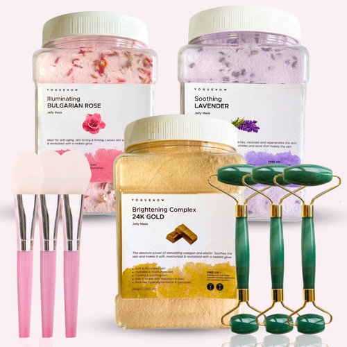 Jelly Face Mask for Facials - 24K Gold + Rose + Lavender (Pack of 3) - Hydrating Brightening & Nourishing - Free Jade Roller & Spatula - Professional Hydrojelly Masks -Perfect for Vajacial - 69 Oz Jar
