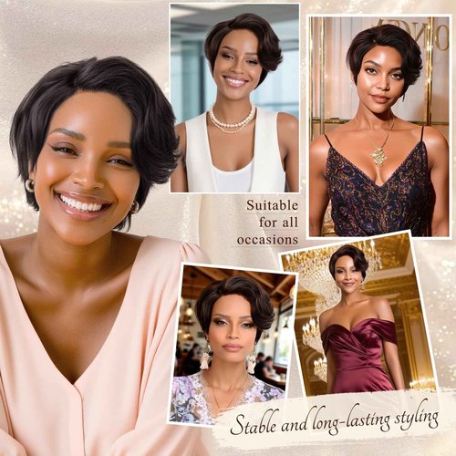 RUWISS Short Human Hair Wigs for Black Women Pixie Cut Wave Lace Front Human Hair Wig with Side Part Bangs for Women, Natural Hairline 100% Real Human Hair Wigs Short Bob Wig Daily Wear, Natural Black