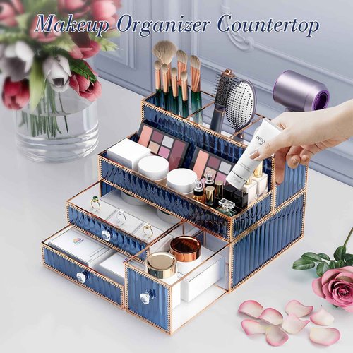 Youdepot Makeup Organizer Blue - Tempered Glass Vanity Organizer for Cosmetics, Skincare, Hair Tools, Brushes, Perfume - Multipurpose Bathroom Counter Skincare Organizer