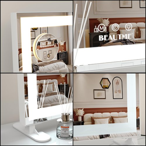 BEAUTME Vanity Mirror With LED Lights - Tabletop Hollywood Makeup Mirror for Bedroom - Aluminium Frame, 48.540.5cm, White