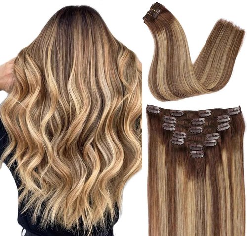 ORIGEN Clip in Hair Extensions Real Remy Human Hair Chocolate Brown to Caramel Blonde Highlights Straight Hair for Women 7pcs 120g 18 Inches