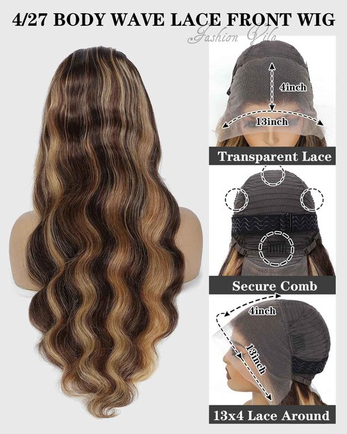 FASHION VILA Ombre Lace Front Wig - Human Hair, 13x4 Body Wave, 4/27 Highlight, Honey Blonde, 180% Density (18 inch)