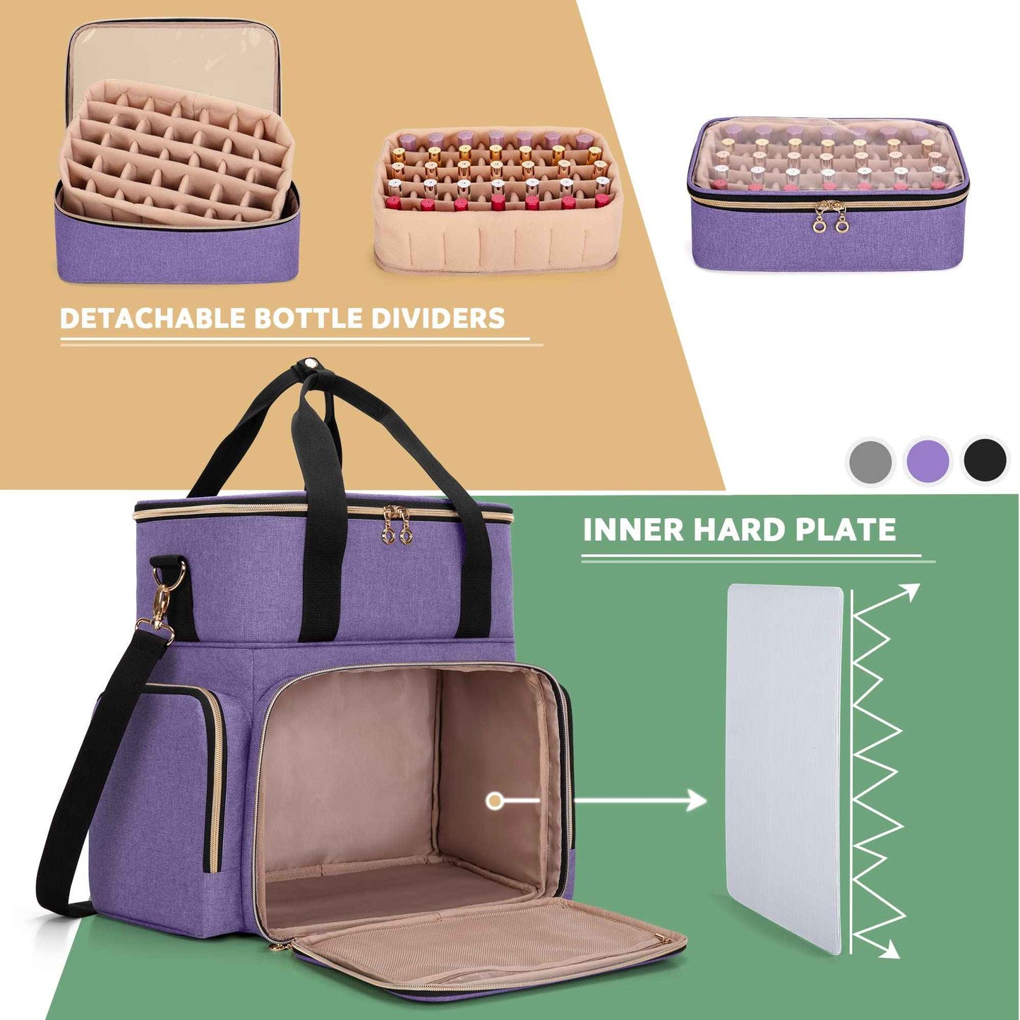 LUXJA Nail Polish Organizer Holds 70 Bottles and a Nail Lamp, Nail Polish Case with 2 Removable Bags and Tools Storage Pockets (Patent Pending), Purple