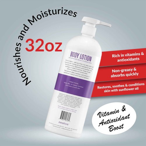 Zealios Advanced Hydration Body Lotion for Dry Skin 32oz - Deep Hydration Formula, Skincare Moisturizer with Vitamins & Antioxidants, Non-Greasy Lotion, Light Papaya & Lychee Scent