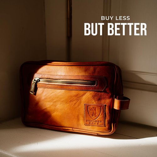 BERLINER BAGS Vintage Genuine Leather Toiletry Bag Paul, Two Zippered Compartments, Large Capacity Cosmetics Bag for Men and Women for Travel - Brown (2 Compartments)
