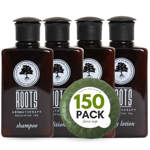 ROOTS AROMATHERAPY 150 Piece Airbnb Essentials for Hosts,Hotel Shampoo & Conditioner Supplies for Guests, Body Wash Lotion & Soap, Travel Size Toiletries Bulk Mini Sets Hygiene Kits Bar Soaps Air Bnb