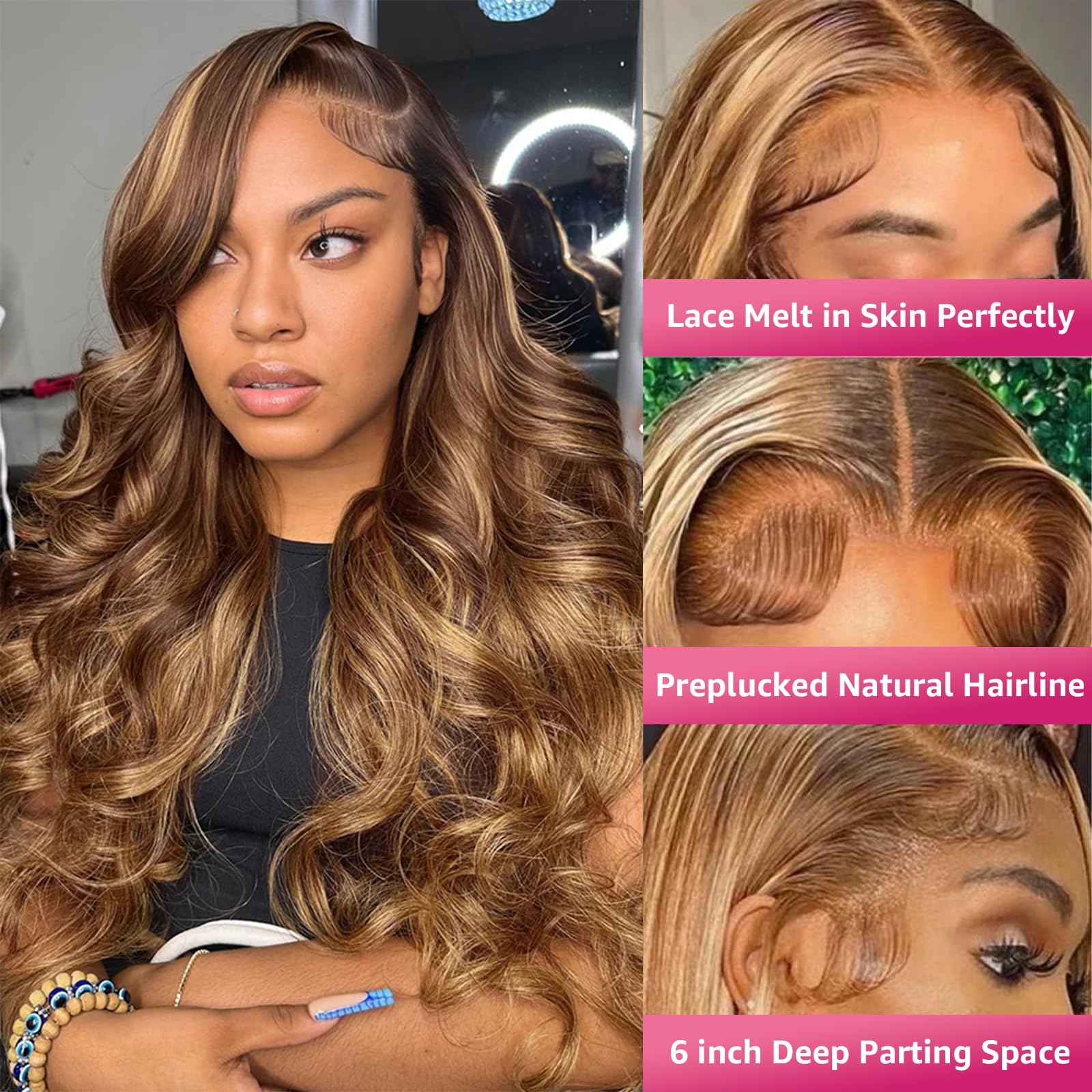 30 Inch Honey Blonde Wig Human Hair 200 Density Ombre 13x6 HD Lace Front Wigs Body Wave Highlight Human Wig Pre Plucked with Baby Hair P4/27 Colored Human Hair Frontal Wigs for Women