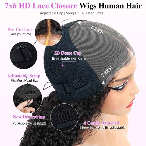 Liqusee 7x6 Burmese Curly Glueless Wigs Human Hair Pre Plucked Pre Cut 250% Density Drawstring Wig for Black Women 7x6 HD Lace Front Wigs Human Hair Glueless Wear and Go Nautural Color 18 Inch
