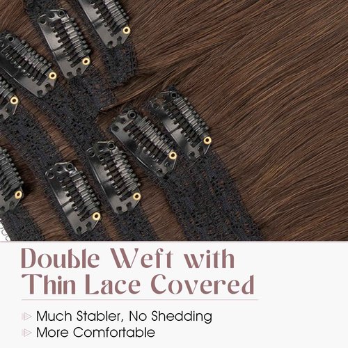 Elailite Clip in Hair Extensions Real Human Hair, Remy Hairpieces for Women, 7PCS Lace Weft Full Head, 12 Inch 90g Dark Brown