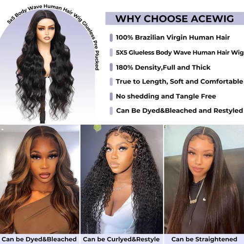 AceWig 30 Inch Body Wave Lace Closure Wigs Human Hair 180% Density 5X5 Lace Closure Human Hair Wig Pre Plucked with Natural Hairline Small Knots for Black Women
