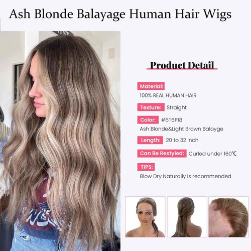 Balayage Ash Blonde Lace Front Wig Pre Plucked Human Hair 22 Inch 13x4 HD Transparent Ombre Ash Blonde to Chestnut Brown with Brown Roots Highlight Wig Belached with Baby Hair 150% Density for Women