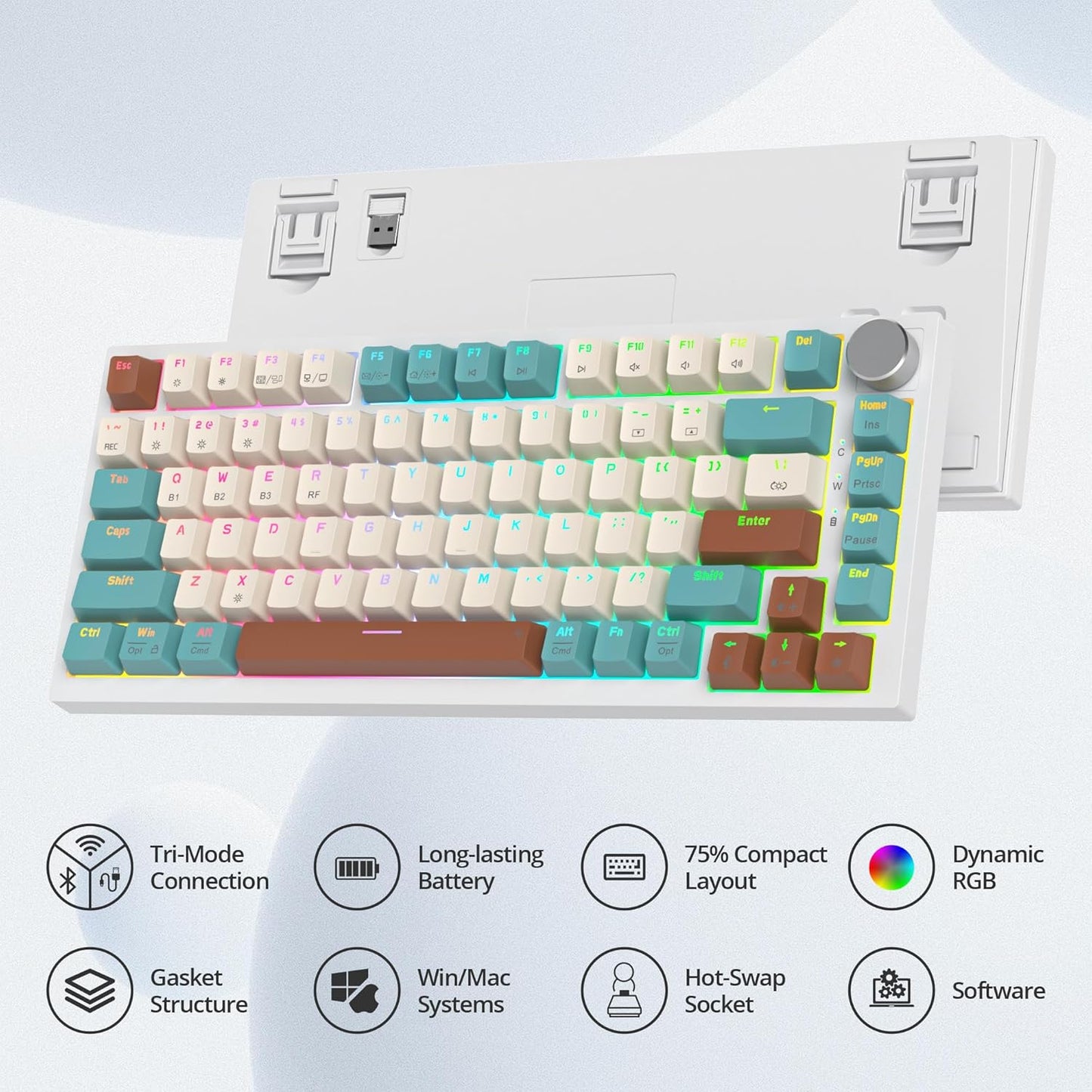 400PRO 75% Wireless Creamy Mechanical Keyboard Pink, Gasket Hot Swappable RGB Gaming Keyboard Bluetooth/2.4GHz/USB-C Cute Key Board with Pre-lubed Cream Grey Switches (82 Pink White)
