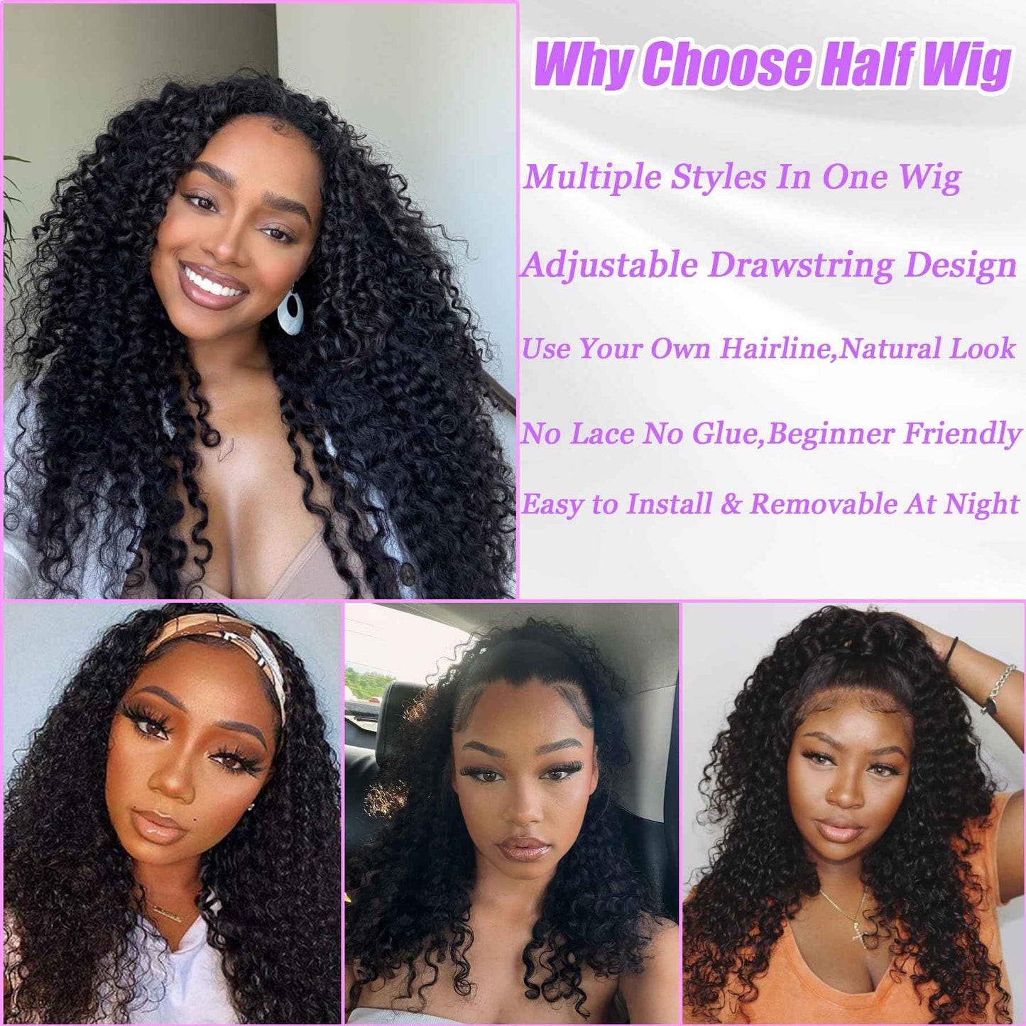 Glimeer Half Wig Human Hair Deep Wave 3 In 1 Drawstring Seamless Filp Over Curly Half Wig 200% Density Wear and Go Glueless Half Wigs for Black Women Natural Color 18 Inch