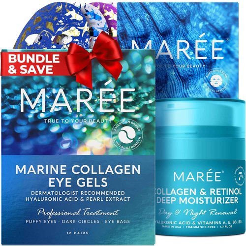 MAREE Skincare Essentials Bundle - Eye Gels, Facial Masks & Face Cream - Under Eye Gels for Puffy Eyes, Anti Aging Face Cream & Moisturizing Sheet Masks - Marine Collagen & Hyaluronic Acid, Retinol