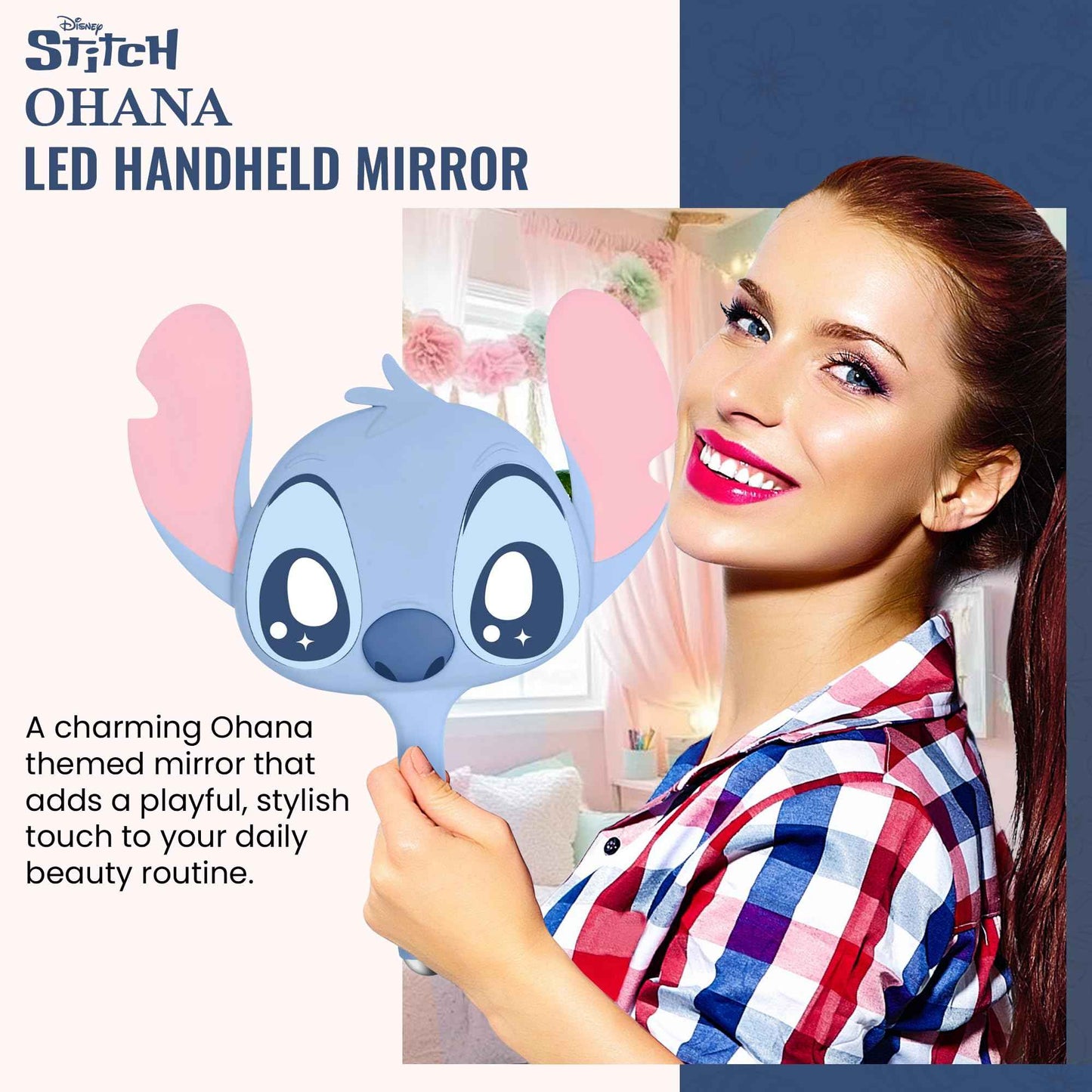 Impressions Vanity Stitch Ohana LED Handheld Makeup Mirror for Desk, Lighted Travel Makeup Mirror with Detachable Standing Base, Ultra Bright Adjustable Lighting, and Ohana Figural Shaped Design