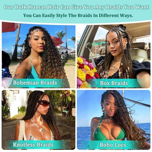 Ombre Human Braiding Hair for Boho Braids 24 Inch 120g Deep Wave Bulk Boho Human Hair for Braiding Curly Knotless Bohemian Braids 12A 100% Brazilian Virgin No Weft Extensions 3 Bundles/Pack T1B/27