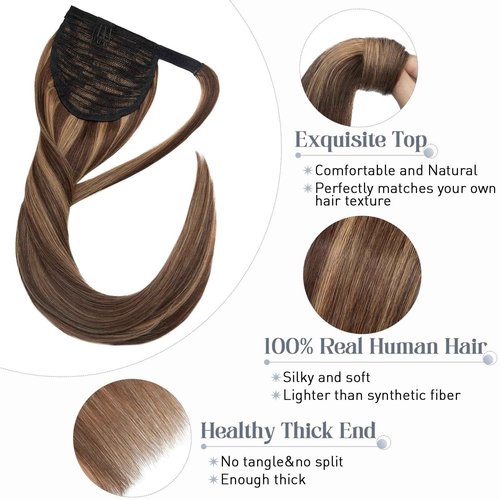 Rich Choices Ponytail Extension 100% Real Human Hair Wrap Around Remy Ponytail Extension for Women Clip In Long Pony tail Extensions Straight 15 Inch #4P27 Medium Brown Highlighted Dark Blonde