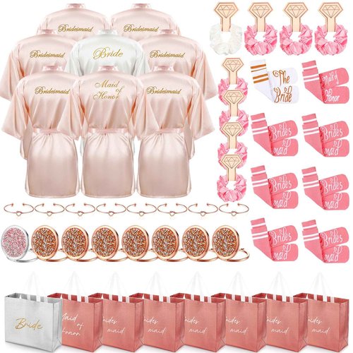 Toulite 48 Pcs Bridesmaid Robe Sets Silk Satin Bride Party Robes with Bachelorette Gift Handbags Knot Bracelets Hair Ties Rhinestone Mirrors and Socks for Bridesmaid Wedding Bachelorette Party