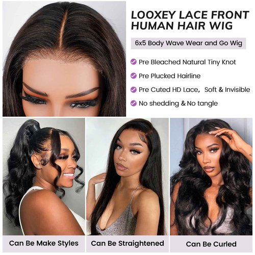 Looxey 6x5 Lace Front Wig Human Hair Wig for Women 210% Density Body Wave Wear and Go Glueless Wigs Pre Plucked Pre Cut Lace Wigs Pre Bleached Tiny Knots Wig 18 Inch