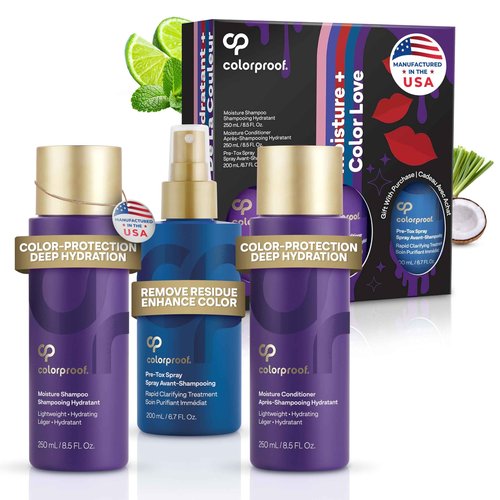 Colorproof Moisture Haircare Gift Set Bundle - Shampoo (8.5Fl Oz.), Conditioner (8.5FL. Oz.) & Pre-Tox Spray (6.7FL. Oz.) for Color-Treated Hair